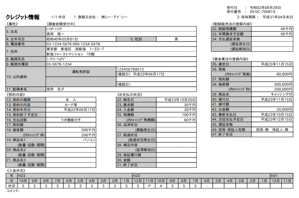 CIC信用情報開示報告書サンプル